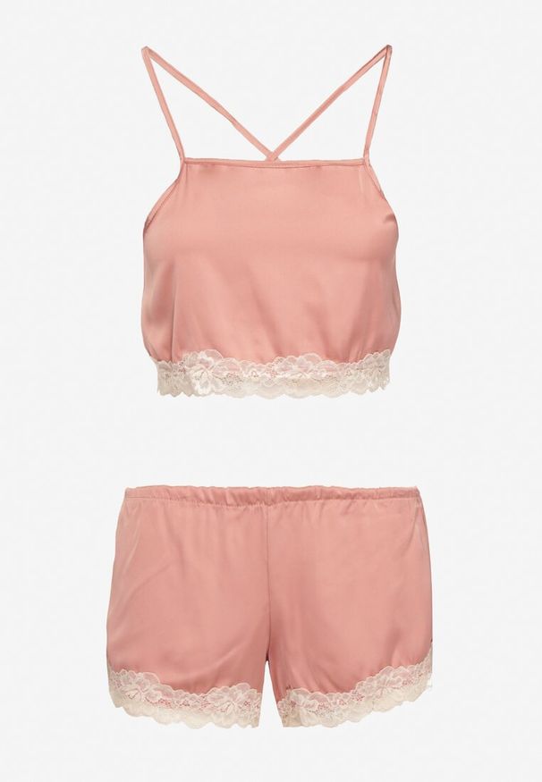 Renee - Różowy Komplet Piżamowy Krótki Wiązany Top na Ramiączkach Szorty z Gumką w Talii Tiseria. Kolekcja: plus size. Kolor: różowy. Materiał: materiał. Długość: krótkie