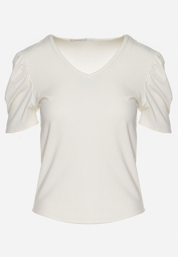 Born2be - Beżowy T-shirt z Dekoltem w Serek Sunesse. Okazja: na co dzień. Typ kołnierza: dekolt w serek. Kolor: beżowy. Materiał: jeans. Styl: klasyczny, casual