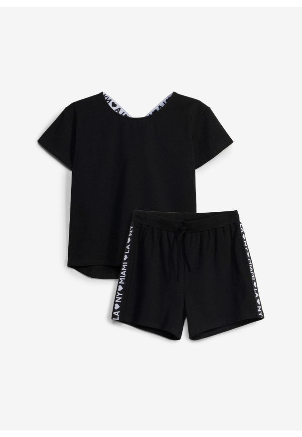 bonprix - T-shirt i szorty z mieszanki bawełny organicznej (2 części). Okazja: na co dzień. Kolor: czarny. Materiał: bawełna. Sezon: lato. Styl: casual