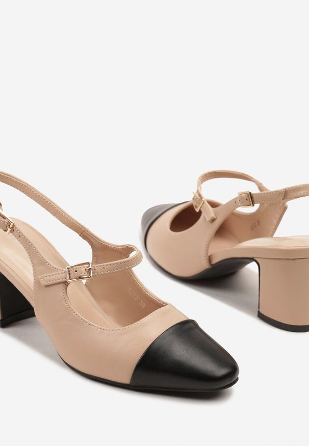 Renee - Beżowe Sandały na Słupku Slingback Ozdobione Paskiem Divolia. Zapięcie: pasek. Kolor: beżowy. Wzór: aplikacja. Obcas: na słupku. Styl: klasyczny, elegancki