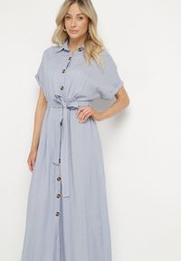 Born2be - Niebieska Koszulowa Sukienka z Lnem Wiskozą i Paskiem Lenaviel. Okazja: na co dzień. Kolor: niebieski. Materiał: len, wiskoza. Typ sukienki: koszulowe. Styl: casual, klasyczny #7