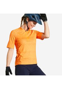 ROCKRIDER - Koszulka rowerowa MTB damska Rockrider Expl 500. Kolor: pomarańczowy, beżowy, wielokolorowy, żółty. Materiał: elastan, materiał, poliester. Długość: krótkie