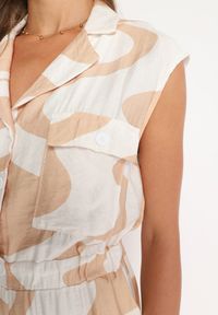 Born2be - Beżowy Długi Kombinezon z Gumką w Pasie w Geometryczny Wzór z Wiskozą Orivia. Okazja: na co dzień. Kolor: beżowy. Materiał: wiskoza. Długość: długie. Wzór: geometria. Styl: casual, klasyczny #2