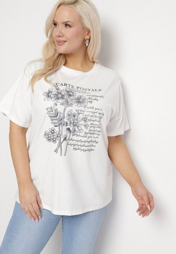 Born2be - Biały T-shirt z Bawełny z Metalicznym Nadrukiem Olianea. Okazja: na co dzień. Kolor: biały. Materiał: bawełna. Wzór: nadruk. Styl: casual, klasyczny