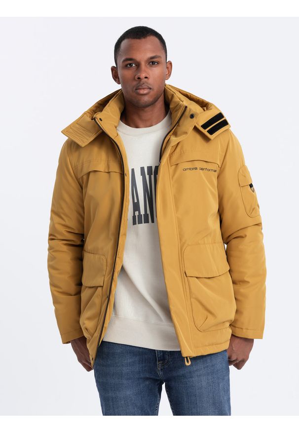 Ombre Clothing - Kurtka męska ocieplana z kapturem - musztardowa V2 - Rozmiar: S. Typ kołnierza: kaptur. Kolor: żółty. Materiał: poliester