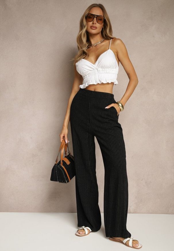 Renee - Czarne Szerokie Spodnie High Waist z Lnu i Bawełny Ivelpio. Okazja: na co dzień. Stan: podwyższony. Kolor: czarny. Materiał: bawełna, len. Styl: klasyczny, elegancki, casual