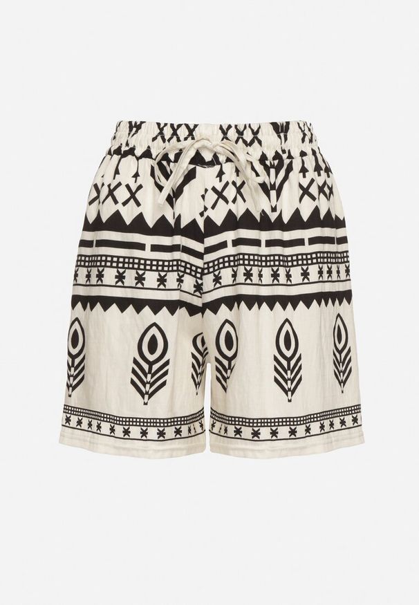 Born2be - Czarno-Kremowe Szorty z Wiskozy z Wysokim Stanem ze Wzorem w Stylu Etno Lunabella. Okazja: na co dzień. Stan: podwyższony. Kolor: czarny. Materiał: wiskoza. Styl: etno
