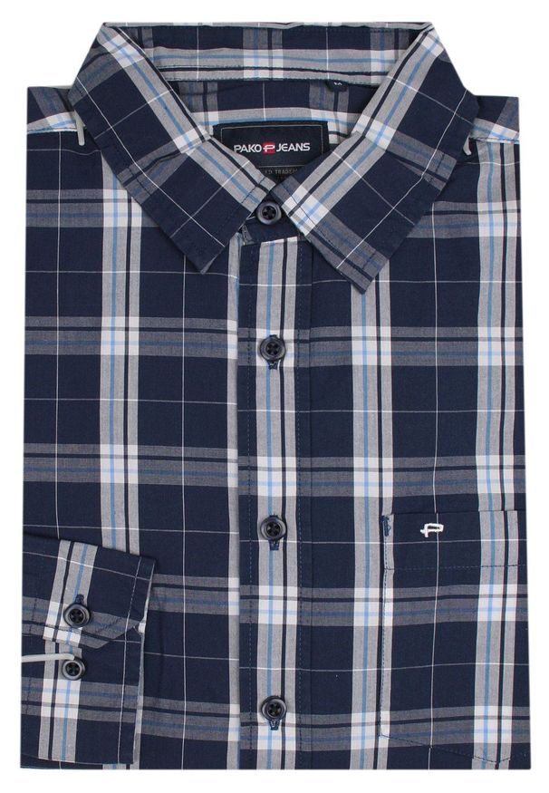 Delikatnie Taliowana Koszula Weekendowa - Pako Jeans - Granatowa w Kratę. Okazja: na co dzień. Kolor: niebieski. Materiał: bawełna. Wzór: kratka. Styl: casual