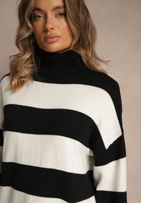 Renee - Czarno-Biały Golf Ozdobiony Paskami Raluna. Okazja: na co dzień. Typ kołnierza: golf. Kolor: czarny. Materiał: jeans. Wzór: aplikacja. Styl: casual
