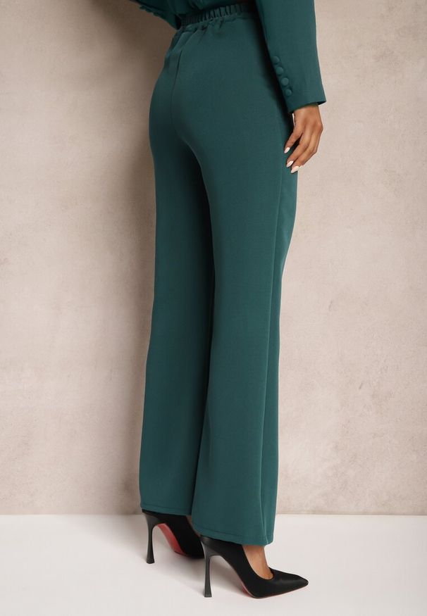Renee - Ciemnozielone Szerokie Spodnie Materiałowe High Waist Dinnes. Stan: podwyższony. Kolor: zielony. Materiał: materiał. Wzór: gładki