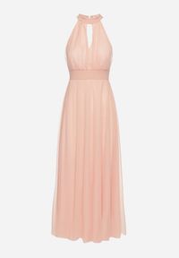 Born2be - Różowa Wieczorowa Sukienka ze Stójką Wiązana w Talii Ozdobiona Siateczką Nestasoni. Okazja: na imprezę. Typ kołnierza: kołnierzyk stójkowy. Kolor: różowy. Materiał: satyna. Długość rękawa: bez rękawów. Wzór: aplikacja. Styl: wizytowy #6