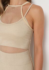 Born2be - Beżowa Sukienka z Siateczki w Cyrkonie Rulieth. Kolor: beżowy. Materiał: tkanina. Długość: maxi #2