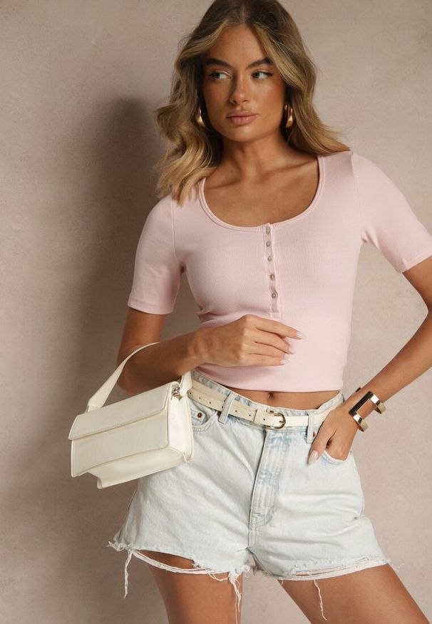 Renee - Różowy Bawełniany T-shirt Prążkowany z Guzikami Florvivi. Kolor: różowy. Materiał: bawełna, prążkowany. Sezon: lato