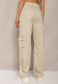 Renee - Jasnobeżowe Bawełniane Spodnie Bojówki High Waist Arcara. Okazja: na co dzień. Stan: podwyższony. Kolor: beżowy. Materiał: bawełna. Styl: elegancki, casual #4