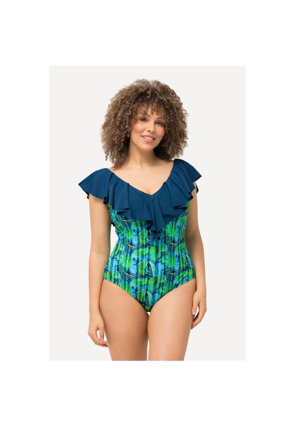 ULLA POPKEN - Damski Kostium kąpielowy kwiaty paski miękkie miseczki falbana. Kolekcja: plus size. Kolor: wielokolorowy, niebieski, zielony. Materiał: poliamid, materiał, elastan. Wzór: paski, kwiaty
