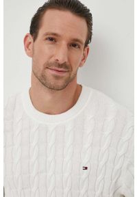 TOMMY HILFIGER - Tommy Hilfiger sweter bawełniany kolor biały lekki. Kolor: biały. Materiał: bawełna. Długość rękawa: długi rękaw. Długość: długie. Wzór: ze splotem #5