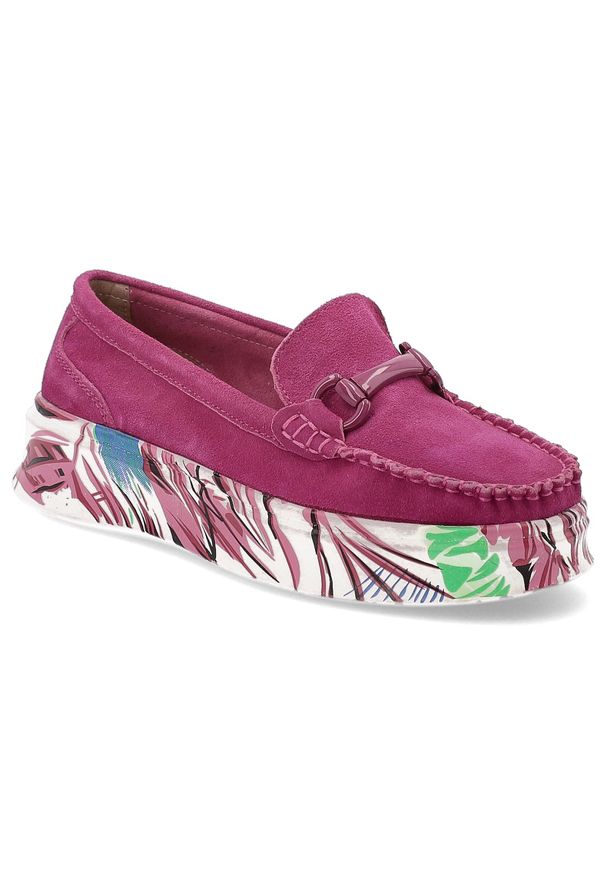 Różowe Półbuty Filippo Mokasyny Damskie Z Wzorzystą Podeszwą. Okazja: na co dzień. Zapięcie: klamry. Kolor: różowy. Materiał: materiał. Styl: casual, klasyczny, elegancki