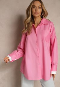 Renee - Fuksjowa Bawełniana Koszula Typu Oversize Ronmira. Okazja: na co dzień. Kolor: różowy. Materiał: bawełna. Styl: elegancki, casual