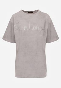 Renee - Szary Oversizowy T-shirt z Bawełny Zdobiony Haftem z Cekinami Marivia. Okazja: na co dzień. Kolor: szary. Materiał: bawełna. Wzór: haft, aplikacja. Styl: casual, elegancki #8