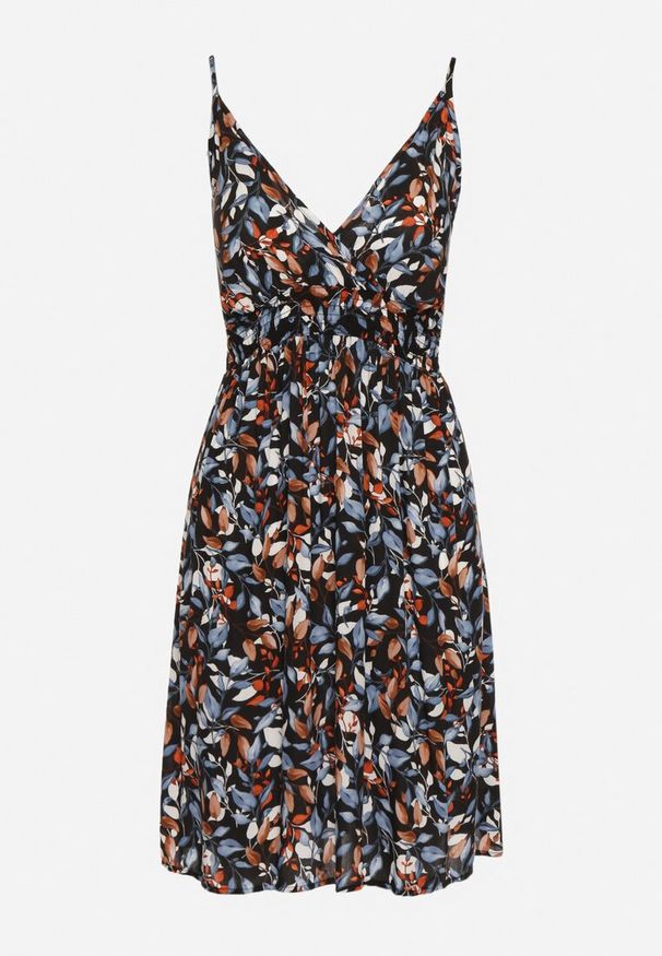 Born2be - Czarno-Niebieska Bawełniana Sukienka na Regulowanych Ramiączkach z Gumką w Talii Dimitssa. Okazja: na spacer, na imprezę. Typ kołnierza: dekolt w kształcie V. Kolor: czarny. Materiał: bawełna. Długość rękawa: na ramiączkach. Sezon: lato. Styl: elegancki