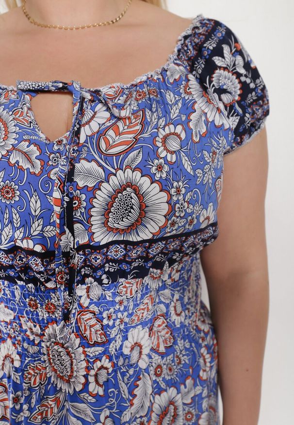 Born2be - Fioletowa Bawełniana Sukienka z Gumką w Talii i Wiązanym Dekoltem Emetta. Okazja: na co dzień. Kolor: fioletowy. Materiał: bawełna. Styl: elegancki, casual