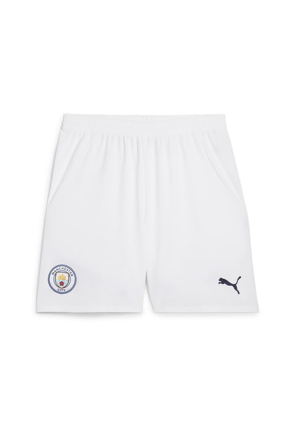 Puma - Szorty Manchester City 2024/25. Kolor: biały, wielokolorowy, niebieski. Sport: piłka nożna