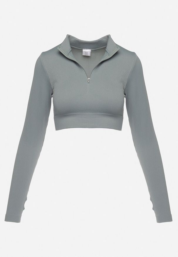 Born2be - Szara Bluzka Zapinana na Suwak z Wycięciem przy Ściągaczu Aisllain. Kolor: szary. Styl: elegancki