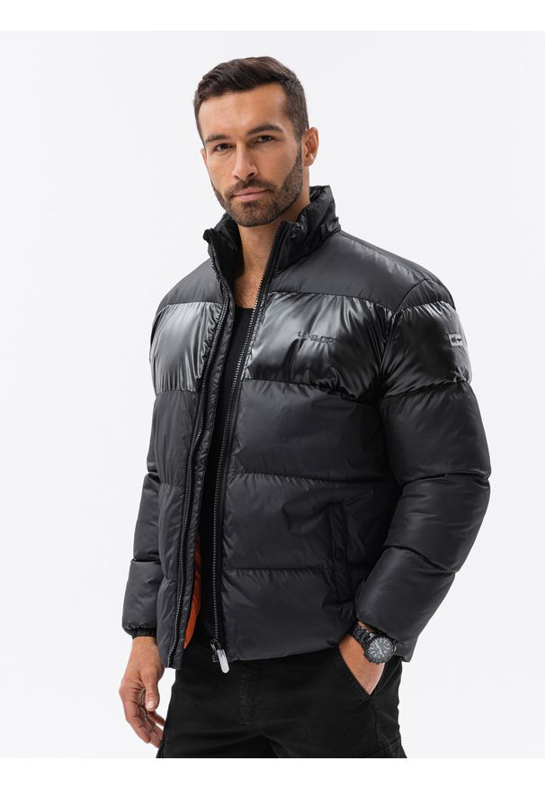 Ombre Clothing - Kurtka męska zimowa z kontrastową podszewką - czarna V2. Kolor: czarny. Materiał: nylon, poliester, materiał. Sezon: zima
