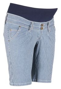 Krótkie spodnie ciążowe w paski bonprix niebieski w paski. Kolekcja: moda ciążowa. Kolor: niebieski. Materiał: elastan, materiał, bawełna. Długość: krótkie. Wzór: paski #1