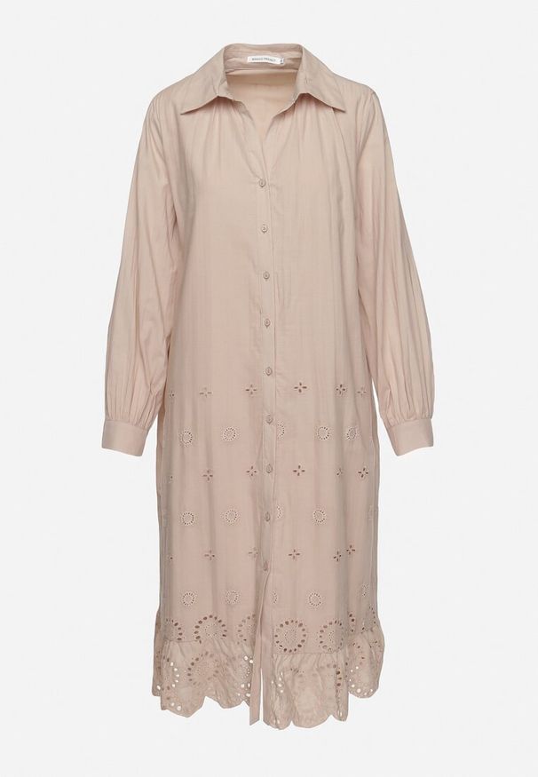 Born2be - Beżowa Koszulowa Sukienka z Bawełny Zapinana na Guziki z Materiałowym Paskiem i Koronką Uzilara. Kolor: beżowy. Materiał: materiał, koronka, bawełna. Długość rękawa: długi rękaw. Wzór: koronka. Typ sukienki: koszulowe. Styl: klasyczny