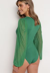 Born2be - Zielone Bawełniane Body z Kopertowym Dekoltem i Bufiastymi Rękawami z Siateczki Urodia. Kolor: zielony. Materiał: bawełna #3