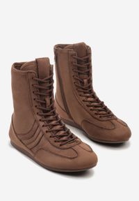 Renee - Brązowe Bokserskie Sneakersy ze Sznurowaną Cholewką Harville. Kolor: brązowy. Materiał: koronka. Szerokość cholewki: normalna. Wzór: koronka #5
