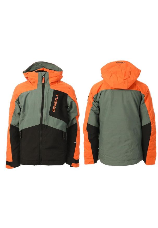 Kurtka zimowa na narty i snowboard dziecięca O'Neill 10K. Kolor: pomarańczowy, czarny, wielokolorowy, zielony. Sezon: zima. Sport: narciarstwo, snowboard