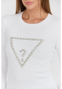 Guess - GUESS Biały damski sweter Rylie Triangle z dużym logo, Rozmiar S. Kolor: biały. Materiał: materiał, poliester, wiskoza, elastan. Długość rękawa: długi rękaw. Długość: długie. Styl: elegancki, klasyczny #5