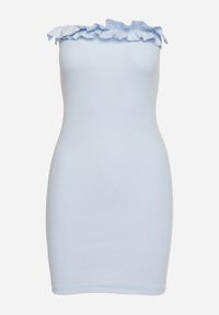 Born2be - Niebieska Dopasowana Sukienka Bandeau Prążkowana bez Ramiączek z Falbanką przy Dekolcie Vikorry. Okazja: na co dzień. Kolor: niebieski. Materiał: prążkowany. Długość rękawa: bez ramiączek. Sezon: lato, wiosna. Typ sukienki: proste. Styl: casual #3