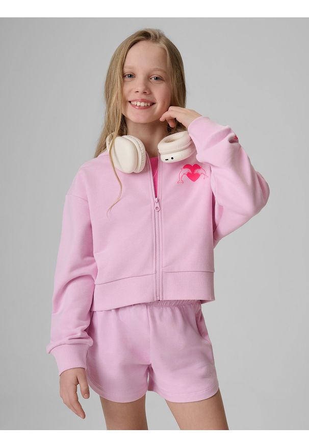 4f - 4F Bluza dresowa loose z kapturem dziewczęca - różowa 134/140 (8-10 lat). Okazja: na co dzień, na uczelnię, na spacer. Typ kołnierza: kaptur. Kolor: różowy. Materiał: dresówka. Sezon: lato. Styl: casual