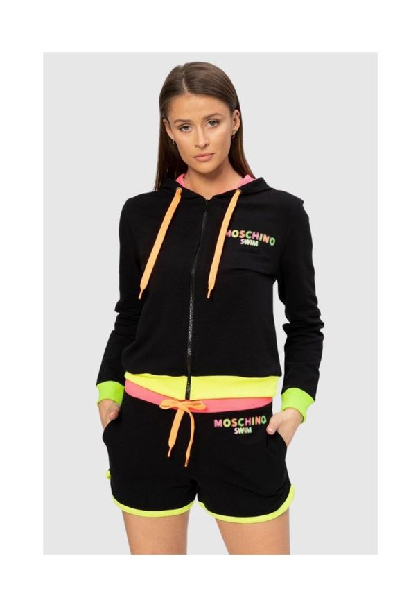 MOSCHINO Czarna bluza damska z kapturem i neonowym logo, Rozmiar L. Typ kołnierza: kaptur. Kolor: czarny. Materiał: bawełna. Wzór: nadruk