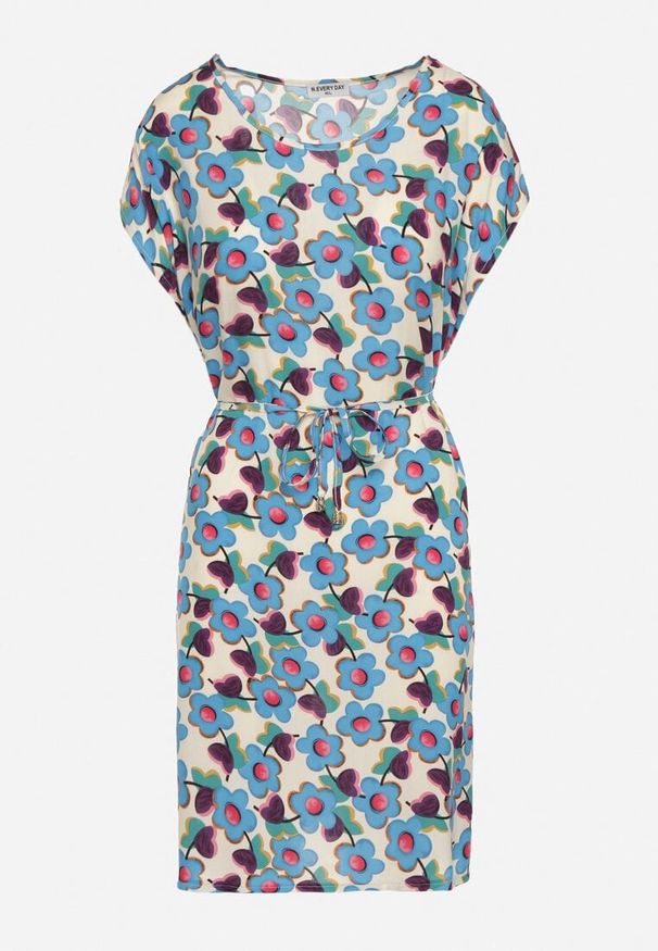 Born2be - Beżowo-Niebieska Pudełkowa Sukienka z Wiskozy Wiązana Sznurkiem w Talii Tiamadine. Okazja: na co dzień, na randkę, na spotkanie biznesowe. Kolor: beżowy. Materiał: wiskoza. Długość rękawa: krótki rękaw. Wzór: kwiaty. Styl: biznesowy, klasyczny, casual