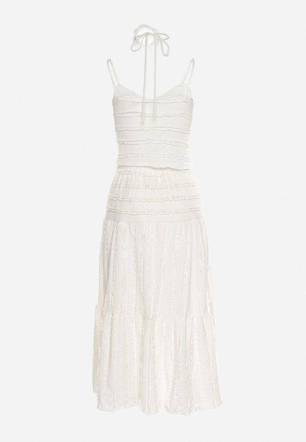 Born2be - Beżowy Komplet Top na Ramiączkach Spódnica z Gumką w Pasie i Falbankami Choker z Różą Glina. Kolor: beżowy. Wzór: aplikacja