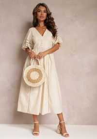 Renee - Beżowa Rozkloszowana Sukienka Maxi z Ażurowymi Wstawkami z Lnem i Bawełną Camya. Okazja: na co dzień. Kolor: beżowy. Materiał: len, bawełna. Wzór: ażurowy. Styl: elegancki, casual. Długość: maxi #3