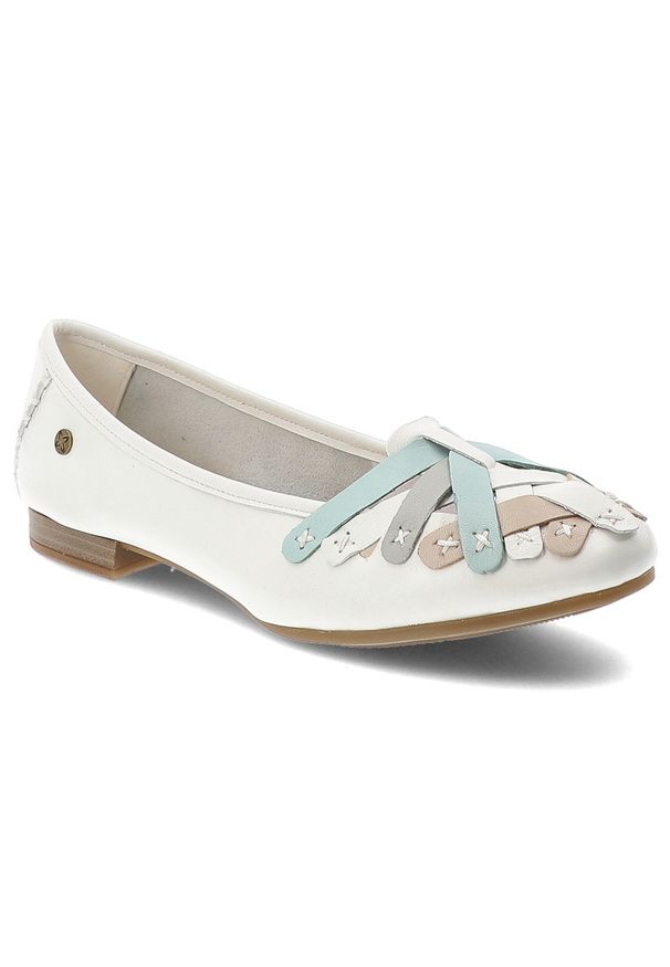 Baleriny damskie Maciejka, cholewka skóra naturalna ozdobne aplikacje wsuwany fason zaokrąglony nosek, białe, P7542-11/00-0. Kolor: biały. Materiał: skóra. Szerokość cholewki: normalna. Wzór: aplikacja