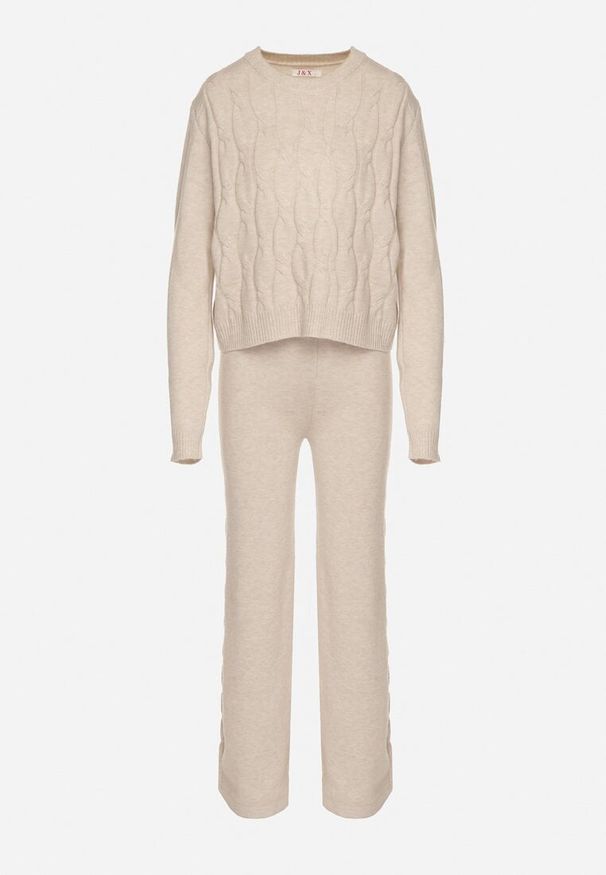 Born2be - Jasnobeżowy Komplet z Wełną i Bawełną Sweter ze Splotem i Szerokie Spodnie Reinettia. Kolor: beżowy. Materiał: wełna, bawełna. Wzór: ze splotem