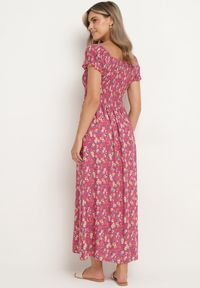 Born2be - Ciemnoróżowa Wiskozowa Sukienka Typu Hiszpanka z Gumką w Pasie w Drobne Kwiaty Luadia. Okazja: na co dzień. Typ kołnierza: dekolt hiszpanka. Kolor: różowy. Materiał: wiskoza. Długość rękawa: krótki rękaw. Wzór: kwiaty. Styl: casual #6