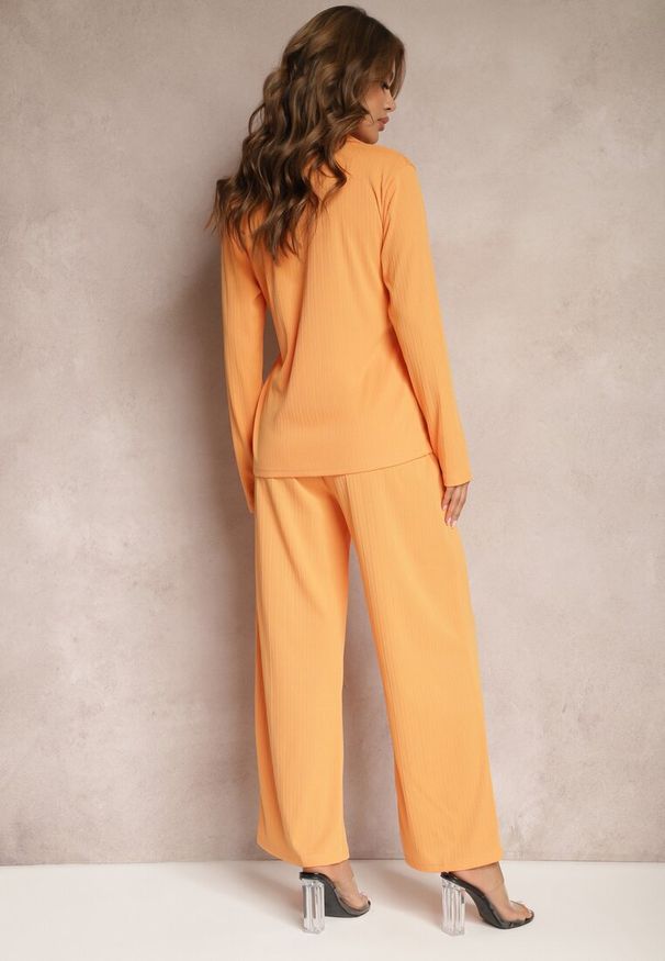 Renee - Pomarańczowy Komplet Casualowy Szerokie Spodnie z Gumką w Pasie i Koszula Sansia. Kolor: pomarańczowy