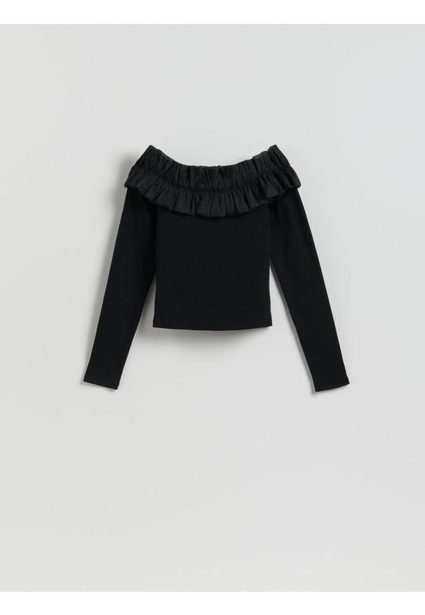 Reserved - Longsleeve z ozdobnym dekoltem - czarny. Kolor: czarny. Materiał: dzianina, bawełna. Długość rękawa: długi rękaw