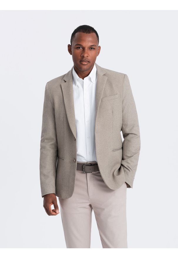 Ombre Clothing - Męska elegancka marynarka z dekoracyjnymi guzikami na mankietach - beżowa V3. Kolor: beżowy. Materiał: poliester. Styl: elegancki