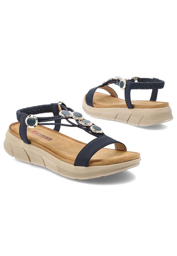 Sandały damskie Artiker, cholewka ze skóry ekologicznej cienkie paski z przodu elastyczny pasek na pięcie ozdobne metalowe detale, granatowe, 58C0005. Zapięcie: pasek. Kolor: niebieski. Materiał: skóra ekologiczna. Wzór: paski