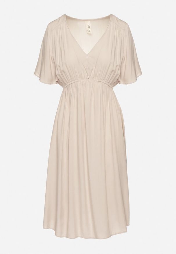 Born2be - Beżowa Bawełniana Sukienka o Rozkloszowanym Fasonie Liranelle. Okazja: na co dzień. Typ kołnierza: dekolt w kształcie V. Kolor: beżowy. Materiał: bawełna. Długość rękawa: krótki rękaw. Sezon: lato. Typ sukienki: rozkloszowane. Styl: casual, elegancki