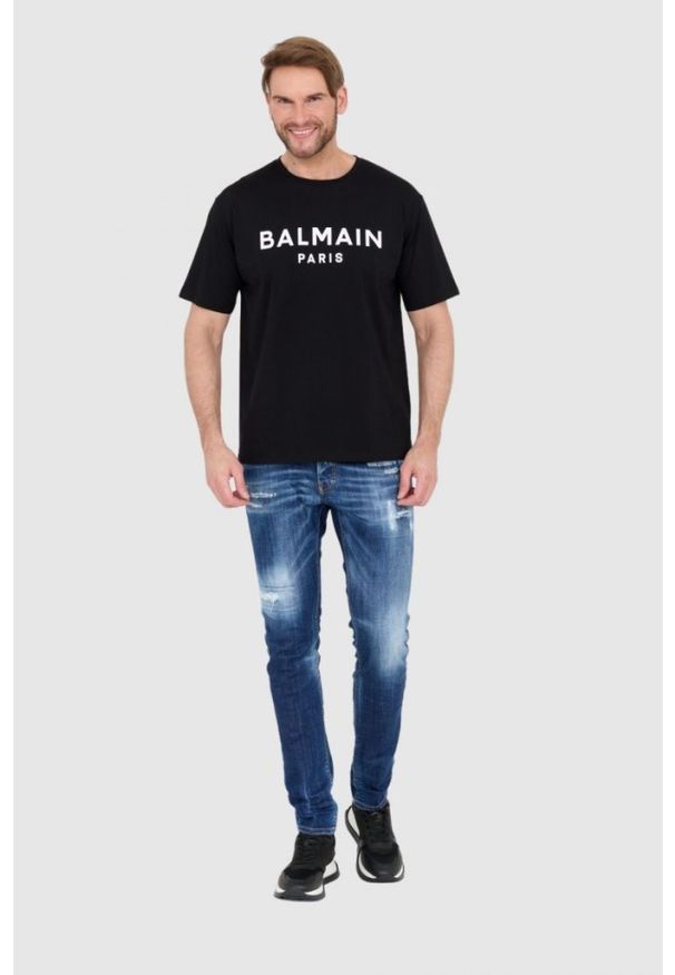 Balmain - BALMAIN Czarny t-shirt męski z logo, Rozmiar L. Kolor: czarny