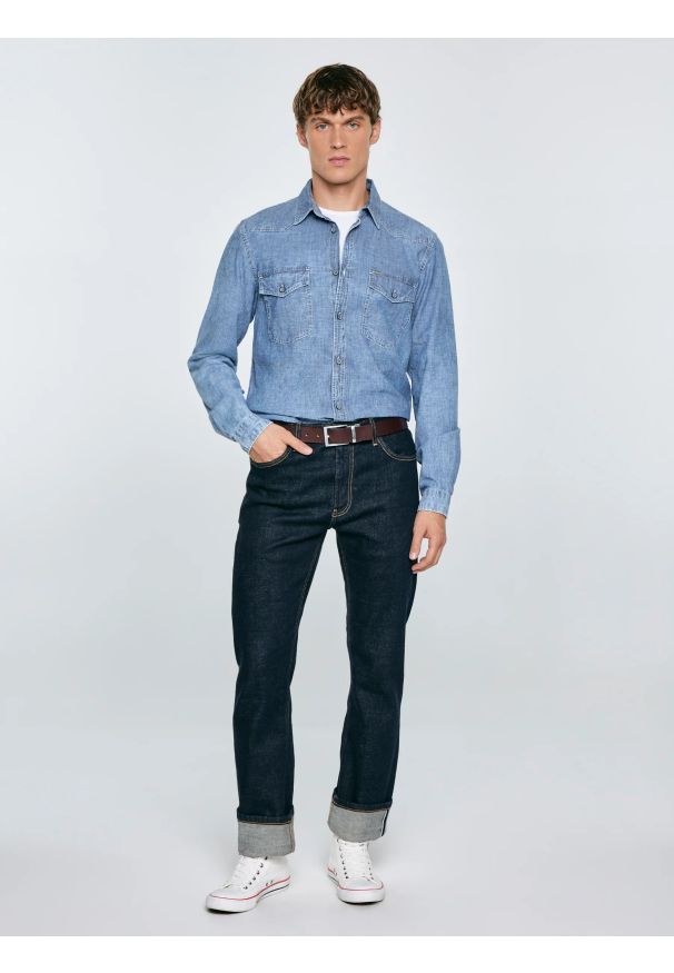 Big-Star - Koszula męska z imitacji jeansu niebieska Retinez 401. Okazja: na co dzień. Kolor: niebieski. Materiał: jeans. Wzór: melanż. Styl: casual
